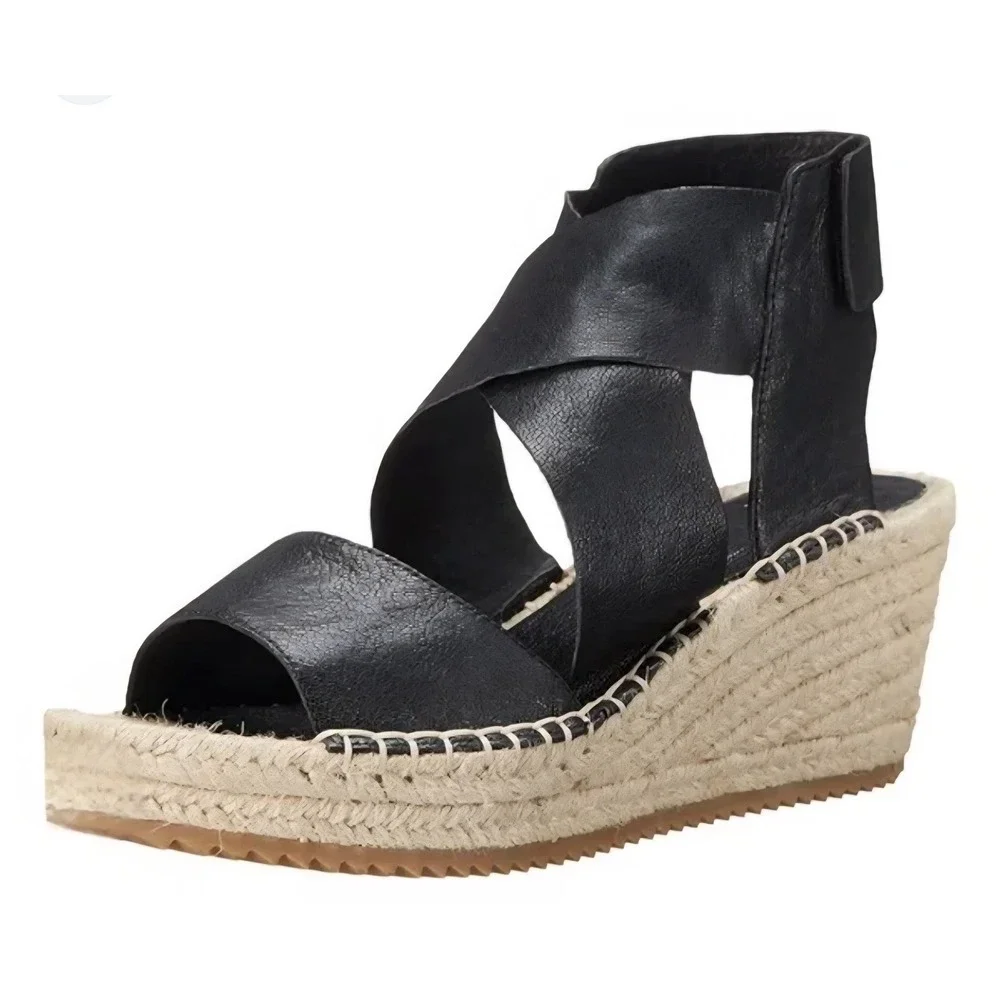 Eileen Fisher Willow Black Leather Espadrille Wedge Sandals Platform 10 NEW